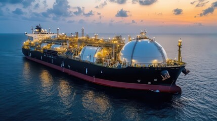 LNG carrier ship at sunset in ocean, showcasing maritime transport and energy industry