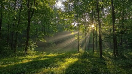 Fototapeta premium Sunbeams in Misty Green Forest Nature Trees Sunlight Landscape