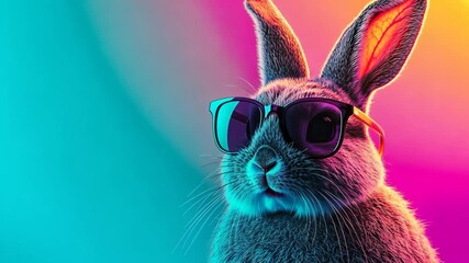 Cool rabbit wearing sunglasses on vibrant rainbow background - Powered by Adobe