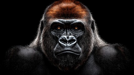 Obraz premium Majestic Silverback Gorilla Portrait Powerful Ape Dark Background Intense Gaze Wildlif