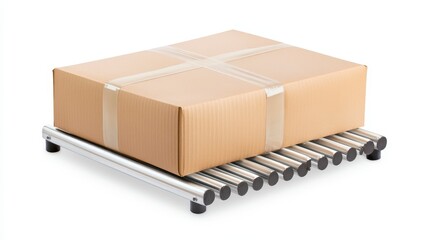 Cardboard Box on Silver Roller Conveyor Belt System for Shipping and Delivery