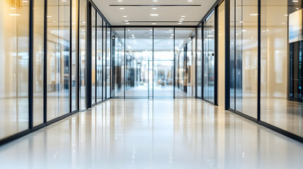 Fototapeta premium Modern glass corridor interior architecture, bright, clean, minimalist design, spacious hallway.