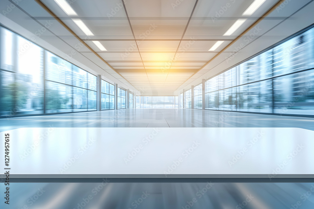 Poster modern empty office lobby with large windows and a blank white table perfect for product placement o