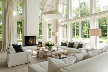 Bright living room with fireplace, couch, pillows, and sunlit backyard view