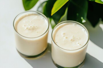 Two glasses of smoothie beverage with green plant as background for healthy diet