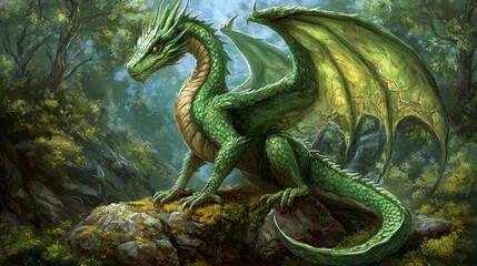Fototapeta premium Majestic Green Dragon in Forest Fantasy Creature Mythical Beast Digital Art