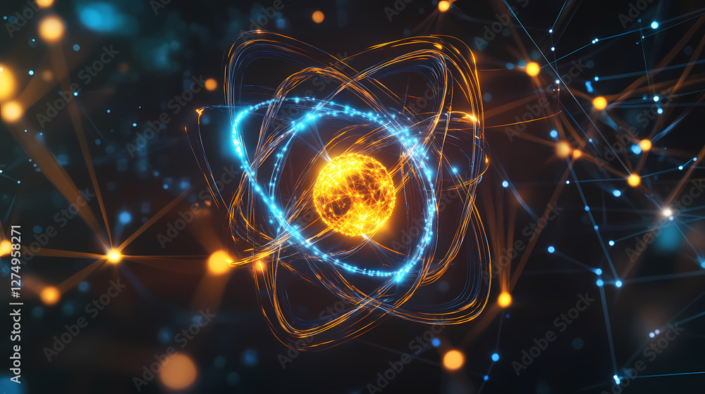 Poster abstract atomic structure with glowing nucleus and orbital paths