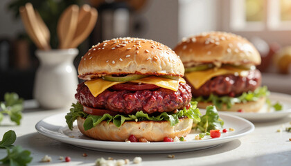Delicious cheeseburger with fresh ingredients on a white plate