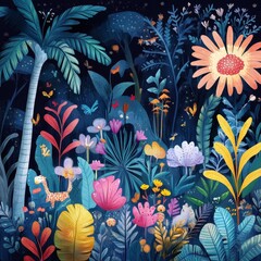 Fototapeta premium Colorful whimsical jungle scene at night with various plants
