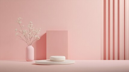 Minimalist, pastel pink, product display with dried flowers, geometric shapes, and soft lighting.