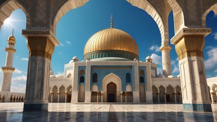 Grand Mosque with Golden Dome and Marble Courtyard.