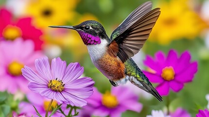 Obraz premium Hummingbird in Flight Vibrant Flowers Nature Scene Wildlife Photography