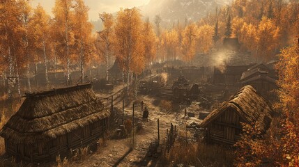 Autumnal Village Scene Rustic Homes Golden Trees