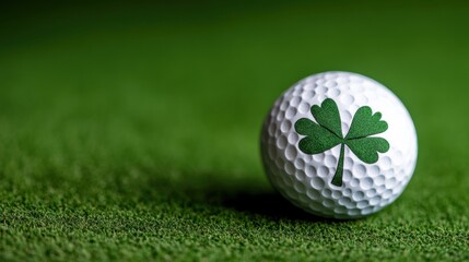 A golf ball with a green shamrock design rests on lush green grass, symbolizing luck and the sport's connection to nature.