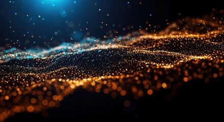 Abstract digital network, vibrant colors, blue and orange particles, glowing connections