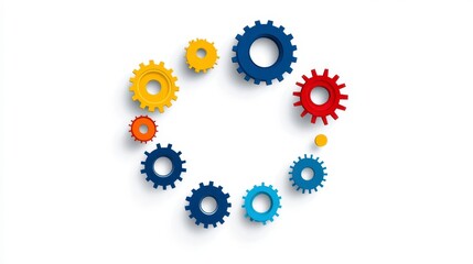 Colorful Gears Forming Circle Arrangement on White Background Technology Concept