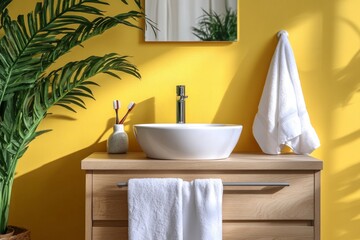 Sunny yellow bathroom, sink, towels, plant, morning