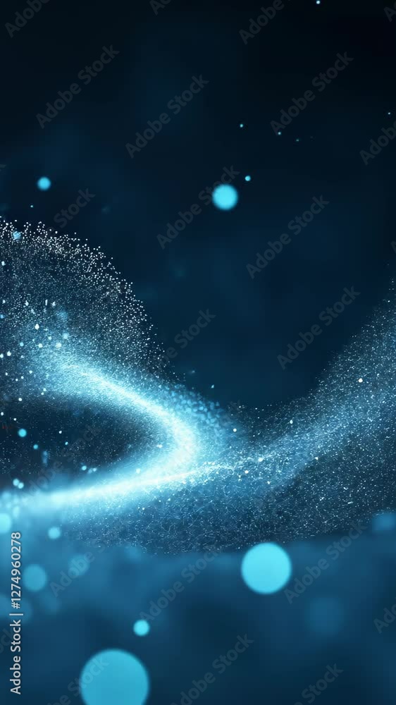 Poster abstract blue particles twirling and flying against dark background in ethereal motion design with s