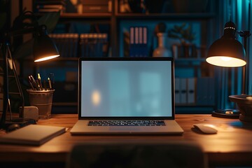 Laptop with blank screen on black table
