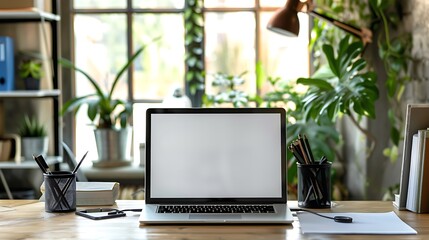 Fototapeta premium Laptop with blank screen on wooden table in office