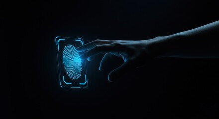 Dark background, hand reaching out, glowing blue fingerprint scanner