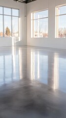 Fototapeta premium A bright, modern room with polished concrete flooring and large windows.