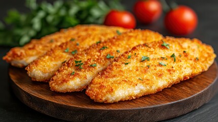 Crispy fried fish fillets served on a wooden platter with fresh tomatoes and herbs.