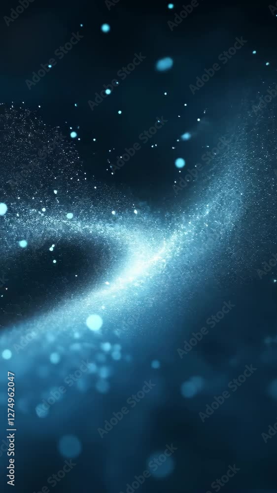 Poster abstract blue particles twirling and flying against dark background in ethereal motion design with s