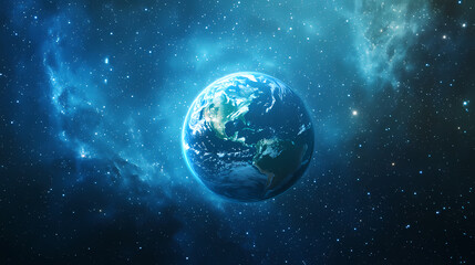 Earth in Cosmic Embrace: A Blue Nebula Scene
