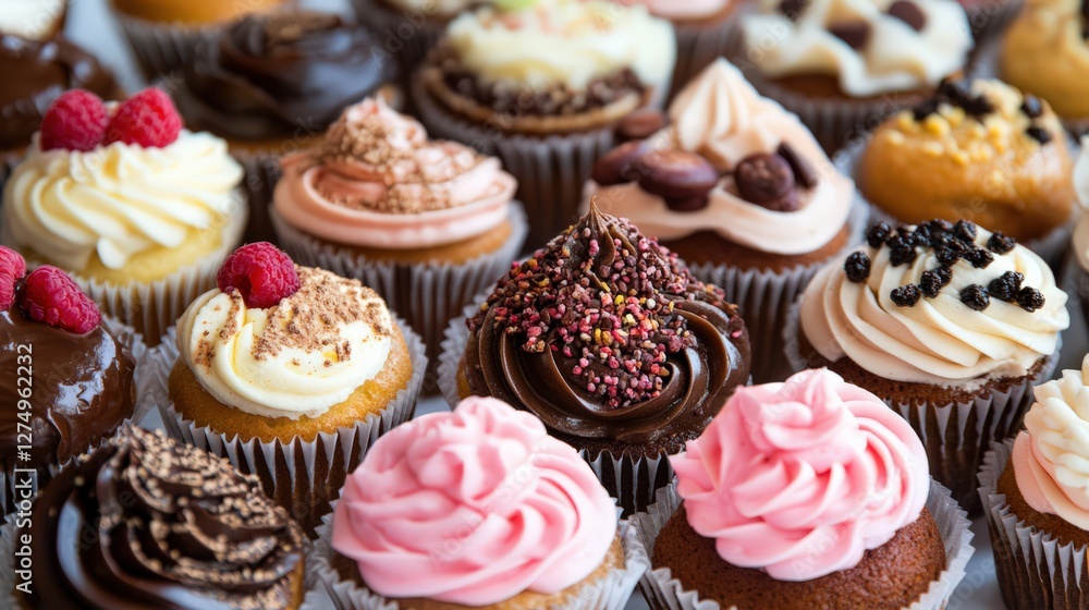 Poster a colorful array of beautifully decorated cupcakes with various toppings displayed on a table