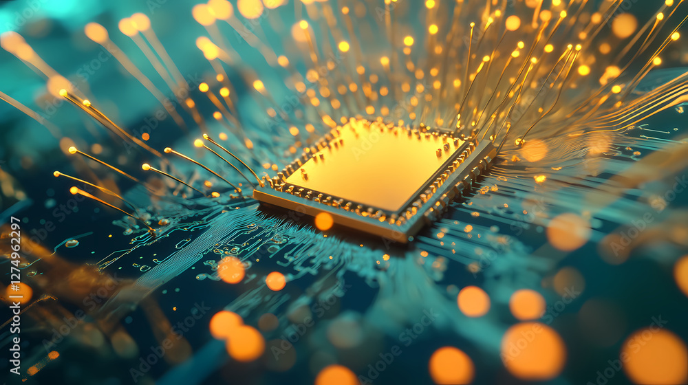 Poster macro shot of circuit board with golden cpu and orange filaments