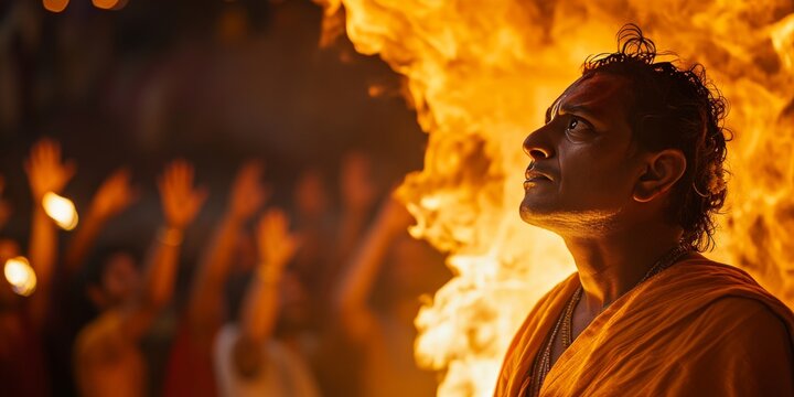 Indian priest performing aarti at kumbh mela with devotees praying in background