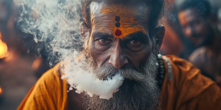 Indian sadhu smoking chillum at kumbh mela festival in india