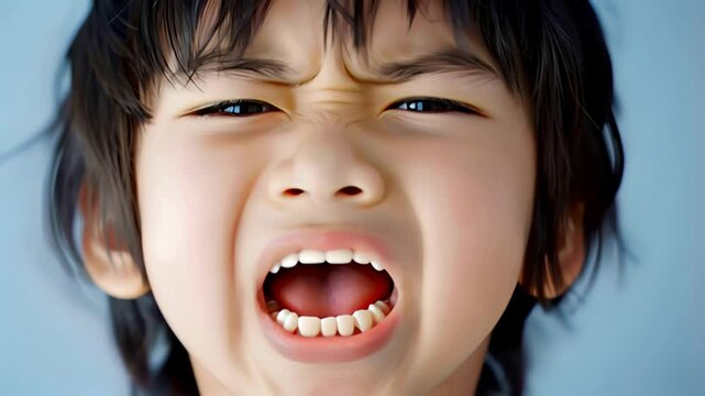 不満そうに顔をしかめて騒ぐアジア人の男の子