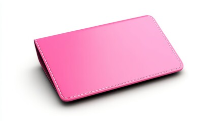 Pink Leather Business Card Holder with White Stitching on a White Background