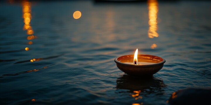 Floating candle illuminating the ganges river at dusk during kumbh mela in india
