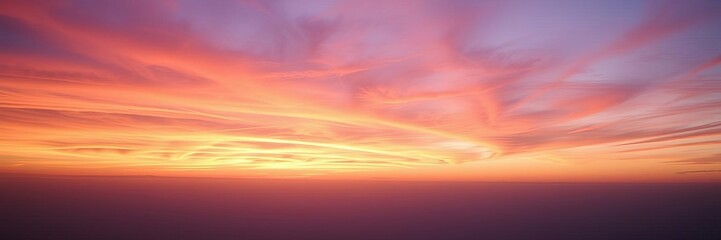 Vibrant colors of orange, pink, and purple fill the sky at sunset, with golden clouds reflecting the last light of day, sky, horizon, calm
