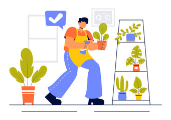 Home Gardening Vector Illustration featuring People Planting Gardens, Flowers, and Plants at Home and Outdoors in a Nature Concept Background