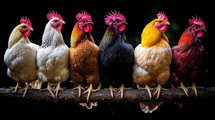 Fototapeta premium Colorful Chickens Rooster on Branch Farm Birds Poultry Illustration