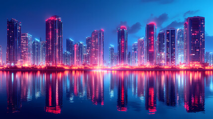 Fototapeta premium Futuristic City Nightscape with Glowing Red Buildings