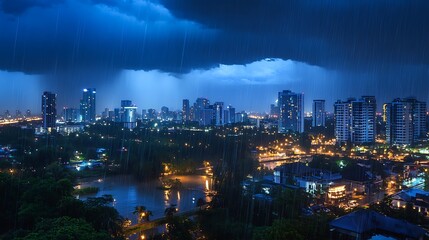 Obraz premium Rainy Cityscape Under Dark Storm Clouds at Night with Illuminated Buildings