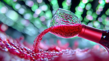 Pouring Red Wine  Abstract AI Art  Glass  Bottle  Crimson Liquid  Grapes  Bokeh Background