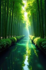 Fototapeta premium Serene canal reflected in bamboo forest's gentle sway, palm trees, hue, garden
