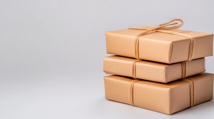 Obraz premium Stack of Brown Paper Packages Tied with String on Neutral Background