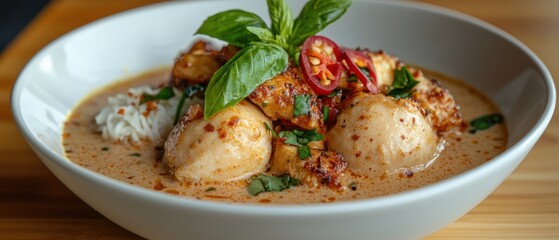 A bowl of flavorful curry with rice, garnished with herbs and chili.