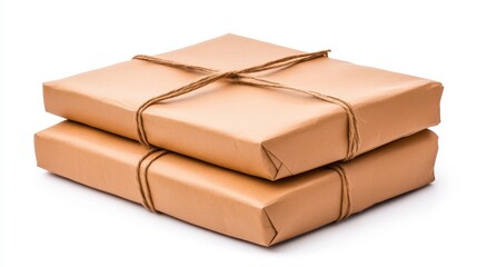 Stacked Brown Paper Packages Tied with Twine On A White Background