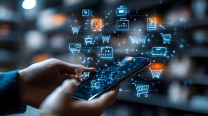 Smartphone User Browsing Trending Products in Online Retail Store with Floating Shopping Cart Icons and Five Star Customer Reviews Symbolizing High Engagement and Personalized Recommendations