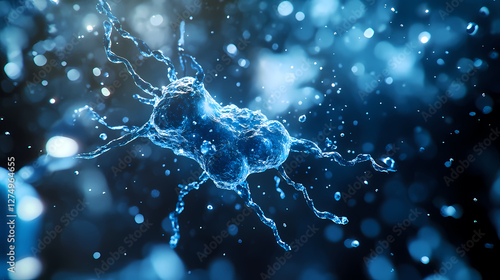 Poster mysterious blue neural cell image with sci-fi vibes