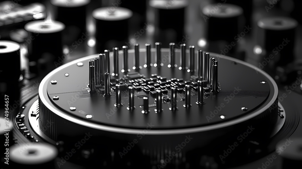 Poster mysterious high-tech disk with vertical pins and circuit boards