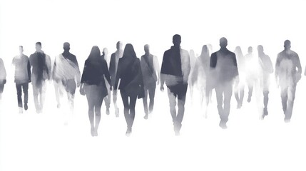 Silhouettes of people walking, abstract watercolor style, urban scene, potential use in social media design